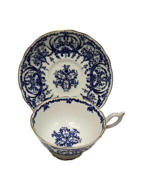 Coalport‎ Teacup Saucer White Blue Scroll Bone China Made in England